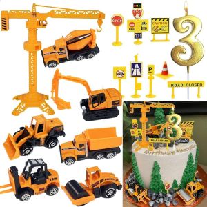 Chenquansarl-D&eacute;coration De G&acirc;teau - En M&eacute;tal - En Plastique - Excavatrice - V&eacute;hicules De Chantier Panneau De Signalisation Dor&eacute; Paillet&eacute; - 3 Bougies D'anniversaire - Neuf
