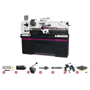 Tour &agrave; m&eacute;taux hauteur des pointes 165 mm entre-pointes 1000 mm al&eacute;sage 38 mm 1,5 kW 400V avec accessoires essentiels Optiturn TM3310D PACK - Neuf