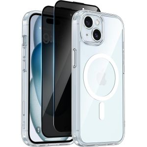 KALANKA-Helssitot Coque Magn&eacute;tique pour iPhone 15 avec 2 Verre Tremp&eacute; Anti-Espion Compatible avec MagSafe Militaire &Eacute;tui Housse Antichoc Bumper Militaire 6,1 Pouces-Transparente - Neuf