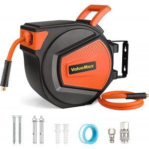 Enrouleur de Tuyau d'Air Comprimé de 20Bar/300PSI ValueMax, Tuyau 15M, Raccord en Laiton 1/4 BSPT, Dévidoir de Tuyau d'Air avec Rétractation Automatique, Verrouillage à Toute Longeur - Neuf