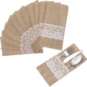 Porte-Ustensiles En Toile De Jute En Dentelle,30pcs Sac Couvert Toile Jute De Couteau Et Fourchette,Pochette Pour Vintage Rustique Decoration Table De Mariage F&ecirc;te No&euml;l (11 X 22cm) - Neuf