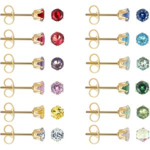 12 Pairs 18k Yellow Gold Plated Surgical Stainless Steel Cubic Zirconia Stud Earrings 3mm 4mm 5mm 6mm - Neuf