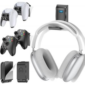 Support de Manette et Casque, Support Universel Murale pour Manettes Xbox/PS5/PS4/Nintendo Switch, Organisateur de 4 Accessoires Gaming avec Porte-Casque Pliable, Noir, 2 Paquets - Neuf