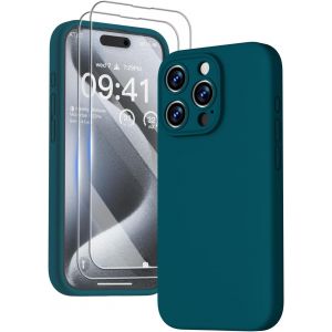 3 En 1 Coque Iphone 15 Pro Silicone Liquide - Avec 2 Verre Trempé - Étui Protection Précise De Caméra [Résistant Aux Rayures] [Antidérapant] Iphone 15 Pro Case 6.1"", Vert Foncé - Neuf
