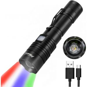 Dool-X37 4 Couleurs Lampe De Poche Led Multicolore Puissante Blanc Bleu Vert Rouge Usb Rechargeable Zoom Rgb Tactique Avec Puissance De Sortie,Pile Incluse Pour Camping Randonnée Chasse - Neuf