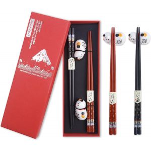 Set De 2 Paires De Baguettes &Agrave; Sushi En Bois Avec Porte-Chat En C&eacute;ramique Dans Un Coffret Cadeau Haut De Gamme - Neuf