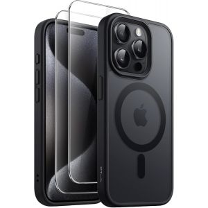 KALANKA-3 en 1 Coque Magn&eacute;tique pour iPhone 15 Pro Max 6,7 Pouces avec Lot de 2 Films de Protection D'&eacute;cran en Verre Tremp&eacute;, Compatible avec MagSafe, &Eacute;tui Housse Mat Translucide (Noir) - Neuf