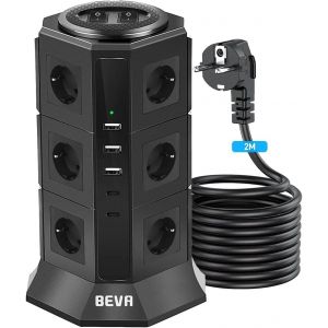 12 Prises Tour Multiprise Parafoudre avec 2 USB-C (15W)+3 USB-A +C&acirc;ble 2M,2500W/10A Prise Multi de avec 2 Interrupteur, Multiprise Electrique Protection Contre Surcharges et Surtensions, Noir - Neuf