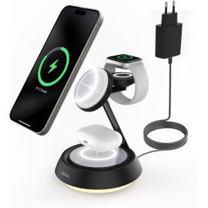 Station De Charge Magn&eacute;tique Sans Fil 3 En 1, Chargeur Magn&eacute;tique 15W, Compatible Avec Phone 16/15/14/13/12 Pour Apple Watch 9 Et Airpods Pro/3/2 (Avec Adaptateur Usb-C 20W Et C&acirc;ble) (Noir) - Neuf