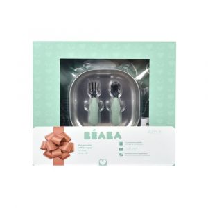 Coffret Premier Repas Beaba - Assiette Inox, Couverts Ergonomiques, Bavoir Vert Sauge - Neuf