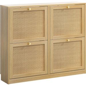 SUBZONAL-Meuble &agrave; Chaussures et Rotin avec 4 Abattants, Armoire &agrave; Chaussures pour 16 &agrave; 24 Paires avec &eacute;tag&egrave;re r&eacute;glable, Grande Capacit&eacute; pour Couloir, Entr&eacute;e, Antidumping,102 x 23 x 84 cm, Ch&ecirc;ne - Neuf
