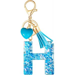 KAL-Porte-Cl&eacute;s Bleu Avec Lettre Porte-Cl&eacute;s Fille Initiale Cadeau Femmes Porte-Cl&eacute;s Coeur D&eacute;corer Pour Sac Sac &Agrave; Dos Porte-Clef Gland Or Porte-Clef Femme A-Z - Neuf