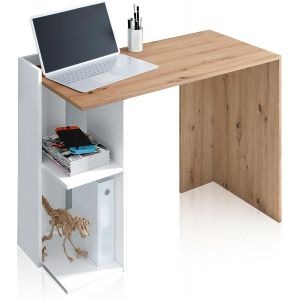 Yemaesre-Table D'étude Réversible Avec Étagères, Bureau, Système De Rangement, Modèle Kenya, Finition Couleur Chêne Nodi Et Blanc Artik, Dimensions 100 X 78 X 52 Cm - Neuf
