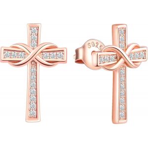 Collier Boucles D'oreilles Pour Femme Fille, Ensembles De Bijoux En Argent 925, Boucle D'oreille Et Collier De Croix Élégant Et De Symbole Infini, Collier Croix, Zircon Incrusté, Or Rose - Neuf