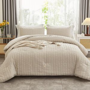 Parure De Lit 3 Pi&egrave;ces En Seersucker Beige Pour Tr&egrave;s Grand Lit (264,2 X 228,6 Cm), 100% Microfibre Lav&eacute;e Douce Et L&eacute;g&egrave;re Avec 2 Taies D'oreiller, Couette Alternative Au Duvet Alternatif Pour - Neuf