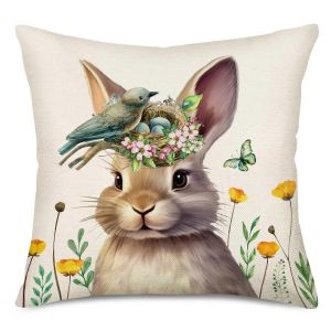 Joyeuses P&acirc;ques D&eacute;coratif En Toile De Coton 18 X 18 Pouces Taies D'oreiller Mignon Des Animaux De Ferme Timide Blush Lapin - Neuf