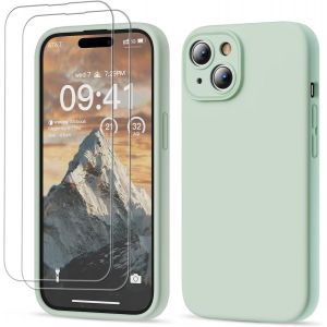 3 en 1 Coque iPhone 15 Silicone Liquide - avec 2 Verre Tremp&eacute; - &Eacute;tui Protection Pr&eacute;cise de Cam&eacute;ra [R&eacute;sistant aux Rayures] [Antid&eacute;rapant] iPhone 15 Case 6.1"", Vert P&acirc;le - Neuf