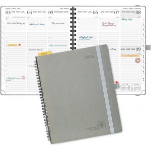 ERYI-Agenda 2026 Semainier 26,5 X 21,5 Cm - Couverture Souple En Pu Cuir Spirale, Vertical Planner, D'Jan 2026 À Déc 2026-12 Mois, Avec Règle Signet, Papier 100 G/M², Gris - Neuf
