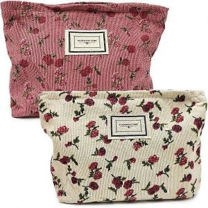 Lot de 2 trousses de toilette en toile, trousse de maquillage florale, trousse de toilette en velours c&ocirc;tel&eacute; &agrave; imprim&eacute; floral rose, trousse de toilette portable, organiseur de toilette - Neuf