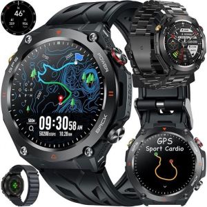 Montre Connect&eacute;e Homme AURION GPS Sport Appel Boussole Altim&egrave;tre Barom&eacute;trique Fr&eacute;quence Cardiaque 650mAh 3 Bracelets Acier Silicone - Neuf