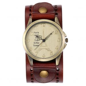 Montre A Quartz Ronde En Cuir Pu Pour Homme Et Femme, Style Retro, Cadran Tour Eiffel (Cafe Clair) - Neuf