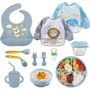Kal-Assiette B&eacute;b&eacute; Set Repas Silicone, Lot De 10 Coffret Repas Bebe, Enfant Set Couverts Vaisselle Pour Sevrage Manger Apprentissage, Set Vaisselle Silicone Repas B&eacute;b&eacute;, Avec Ventouse - Neuf
