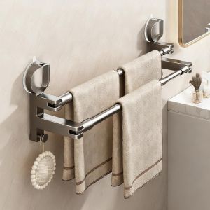 Ulteronixshop-Porte-serviettes mural avec ventouse et 2 crochets, r&eacute;glable &agrave; 180 &deg; et longueur r&eacute;glable, sans per&ccedil;age, pour salle de bain, douche, cuisine, gris m&eacute;tallis&eacute; - Neuf