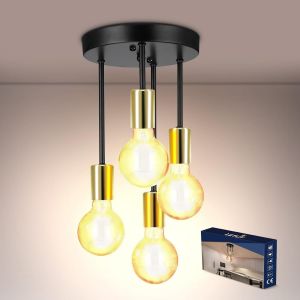 Subzonal-Plafonnier 4 Flammes - Plafonnier Vintage Noir + Or, E27 Lampe De Cuisine Suspendu Lustre, Plafonnier Industriel R&eacute;tro Pour Salle &Agrave; Manger Cuisine Salon Bar Restaurant - Neuf