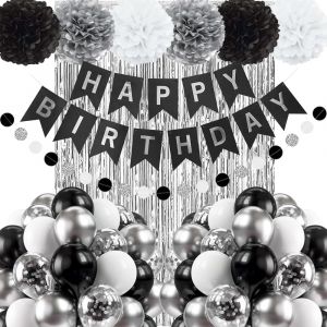 MEVRONISSHOP-Kit de d&eacute;coration d'anniversaire noir et argent Banni&egrave;res et ballons DIY Pompons et rideau pour hommes et femmes - Neuf
