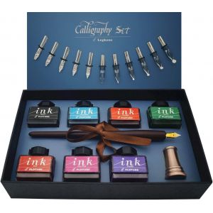 Jexnovashop-Stylos Plume De Calligraphie En Bois Encre Set, 7 Bouteilles D'encre, Fountain Dip Pen Avec 12 Plumes, Porte-Stylo Bronze Et Manuel Pour Débutants - Neuf