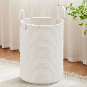 MEVRONISSHOP-Grand panier &agrave; linge sale avec poign&eacute;e en cuir, panier de rangement en corde tiss&eacute;e pour couverture, jouets dans le salon, la salle de bain, la chambre &agrave; coucher, 72 L, blanc - Neuf