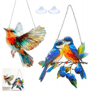MEVRONISSHOP-D&eacute;corations de Fen&ecirc;tre Suspendues, 2 Attrape-Soleil, Suspensions Oiseaux, Pare-Soleil en Vitrail (Grand, Petit) - Neuf