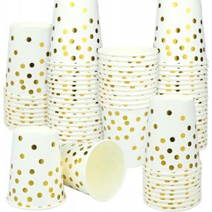 Checarzhn--No1-Lot De 100 Gobelets En Carton De 250 Ml - Gobeletsde Fête À Pois Dorés - Gobeletspour Fête, Anniversaire, Mariage, Gobeletsen Papier Biodégradables - Pour Thé, Boissons C S Et Froides - Neuf