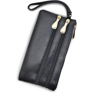 CAUC-Porte Monnaie Femme Longue avec 3 Poches Zipp&eacute;es, Portefeuille Femme Pochette &agrave; Poignet Cuir Porte Feuille Femme Porte-Cartes avec Sangle de Poignet pour T&eacute;l&eacute;phone Portable, Carte - Neuf