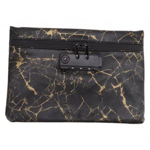 HJLIAN Sac anti-odeurs en cuir PU, coutures renforcees, fermeture eclair etanche, pochette anti-odeurs avec verrouillage par mot de passe, couleur or fonce - Neuf