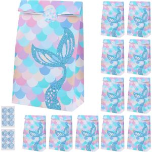 Sac Cadeau,12 Pcs Sac en Papier Kraft,Lot de sacs de fête au motif de sirène,Sachet bonbons anniversaire, Sac Cadeau Sacs de Bonbons pour anniversaire enfant Fêtes, Fête de mariage, Noël (Bleu) - Neuf