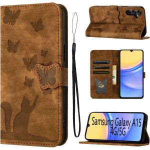 Sansh-Housse Protection Pour Samsung Galaxy A15 Matériau En Cuir Pu Coque Samsung A15 Avec Fentes Pour Cartes Étui Motif Papillon Chat Coque Galaxy A15 Brun - Neuf