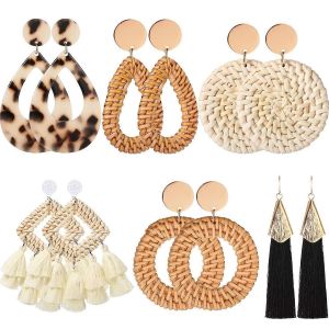 6 Paires Femmes Fait À La Main En Rotin Boucles D'oreilles Déclaration Acrylique Boucles D'oreilles Géométriques En Paille - Neuf