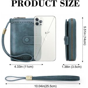 Portefeuille Femme Cuir Pu Vintage Porte Monnaie Femme Rfid Court Portefeuille Pour Femmes Moyen Grande Capacite Avec 32 Emplacements Cartes Et Sangle De Poignet (Bleu Profond) - Neuf