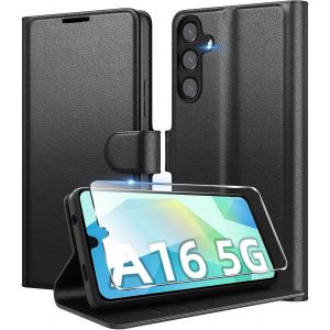 Aefj-Coque Pour Samsung Galaxy A16 5g/4g En Premium Cuir Pu, Portefeuille Housse Etui Pour Cartes Protection Anti-Choc Flip Case Avec 1 Verre Tremp&eacute; Noir - Neuf
