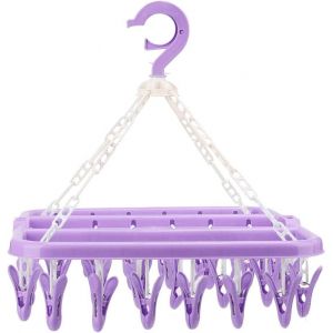 MDY-Etendoir Chaussette, Étendoir à Linge à Suspendre avec 32 Pinces, Portable Étendoir Chaussettes en Plastique, Séchoir à Chaussettes avec Crochet Coupe-Vent, pour sous-vêtements,Serviettes,Violet - Neuf