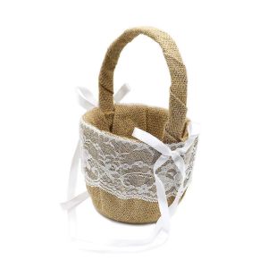 Panier de fleurs en toile de jute,noeud en dentelle vintage mariage fille de fleur panier fête de mariage - Neuf