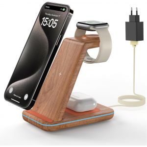 Station De Charge Pour Apple, Chargeur Induction 3 En 1 Pour Iphone Air/17/16/15/14/13/12/11/Xs/8, Support Chargeur Pour Apple Watch Ultra/11-2/Se, Chargeur Sans Fil Pour Airpods Pro-2, Bois - Neuf