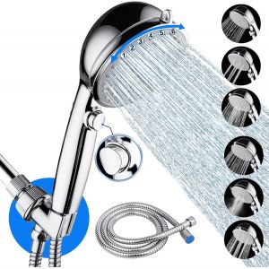Kit de douche à main avec 6 + 1 types de jet,douchette haute pression avec interrupteur marche/arrêt économe en eau (pommeau de douche argenté avec tuyau) - Neuf