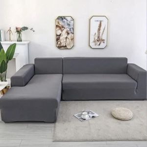 Housse de canapé d'angle en forme de L - Polyester - Grise - 3+2 sièges - Lavable - Neuf