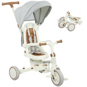 Tricycle Enfant Pliable &Eacute;volutif 5 En 1 Poign&eacute;e Telescopique Auvent Amovible Marron Cr&egrave;me - Neuf
