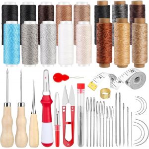 Chenquansarl-Lot De 46 Outils De Couture En Cuir Avec 10 Couleurs De Fil À Coudre, Fil Ciré, C Aux, Dé À Coudre Et Ruban À Mesurer Pour Débutants Et Professionnels Pour L'artisanat Du Cuir - Neuf