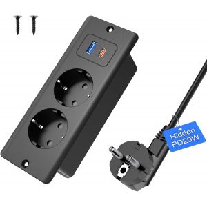 Prise encastrable avec USB C 20 W, 2 Prises de Table avec USB A et Type-C, 4 en 1, Plateau de Table, Triple Prise encastr&eacute;e avec c&acirc;ble d'extension de 1,8 m, multiprise encastrable pour Bureau, Noir - Neuf