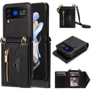 Kal-Esong Coque Compatible Avec Samsung Galaxy Z Flip 4,Protection Case Housse En Cuir Avec Fermeture Éclair Et Bandoulière,Avec 4 Emplacements Pour Cartes Et Béquille-Noir - Neuf
