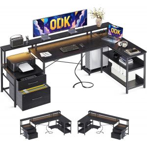 NouvelHorizonstore-Bureau d&iexcl;&macr;Angle en L avec Rangement et Tiroirs, 189.3&iexcl;&Aacute;100cm Grand Bureau Gaming R&iquest;&iquest;versible avec LED, Prise de USB et Prises Courant, Table Informatique pour Chambre ou Coin Travail, - Neuf